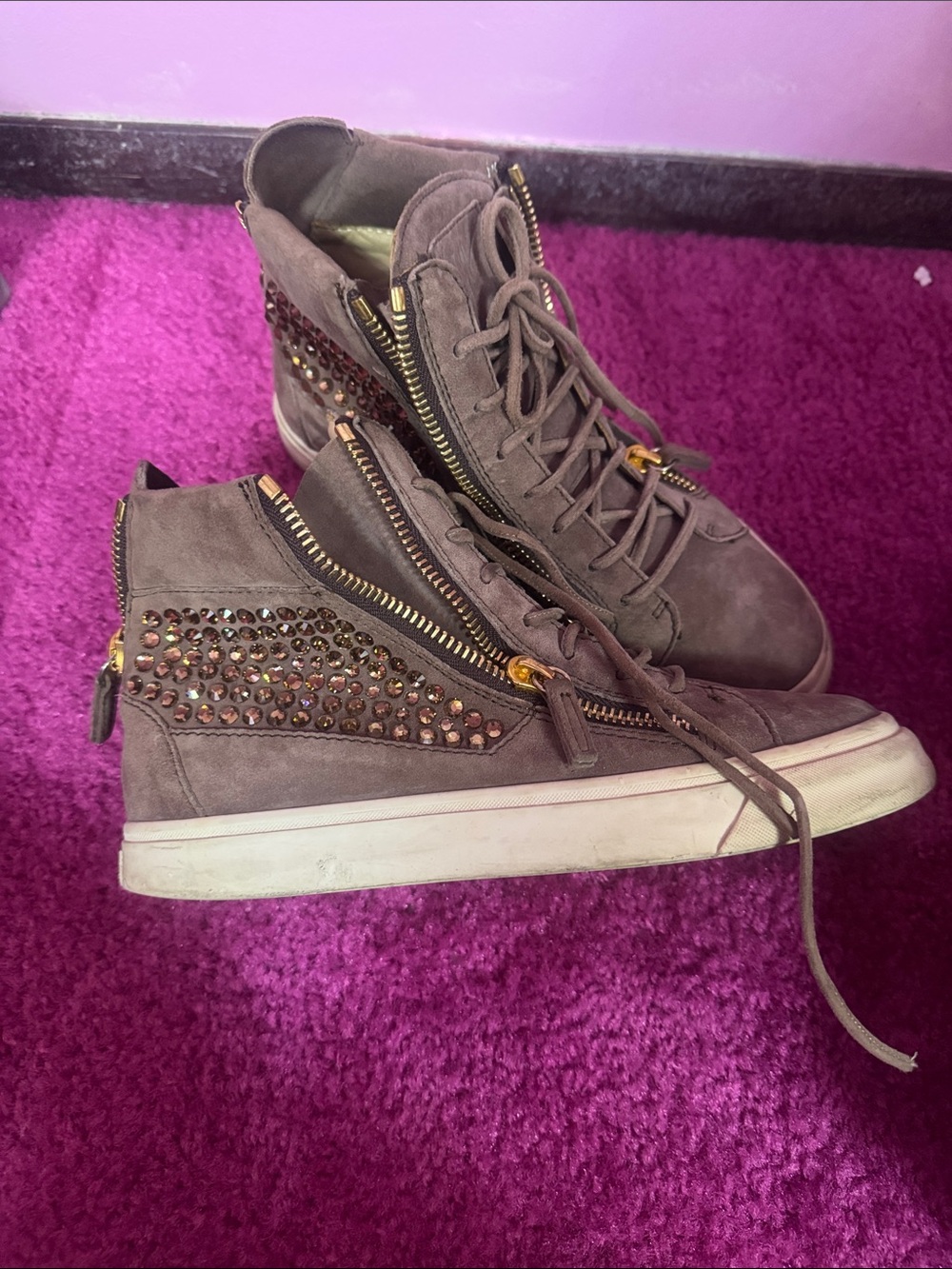 Women's Taupe Guiseppe Zanoti High-Top Sneaker with Stud Details